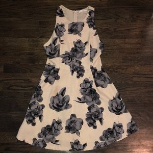 Tan and grey floral print cocktail dress